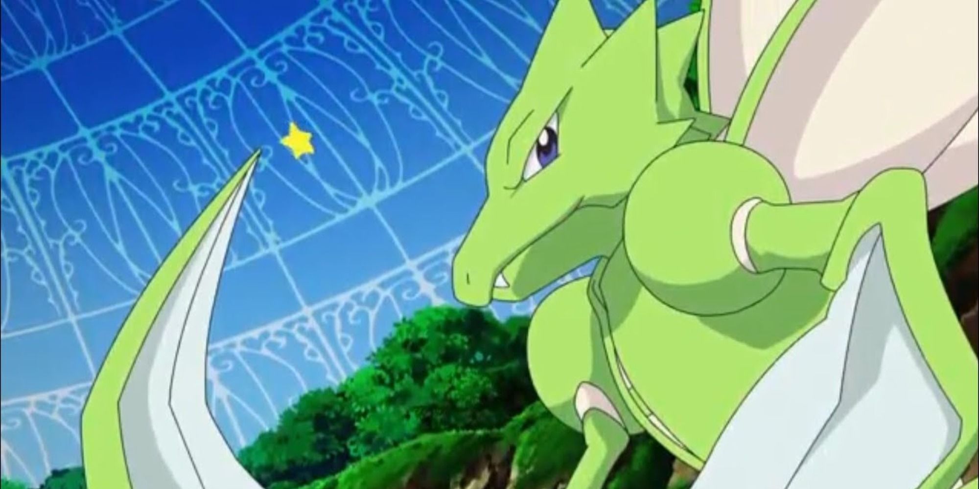 Scyther from the side with trees and a star in the background