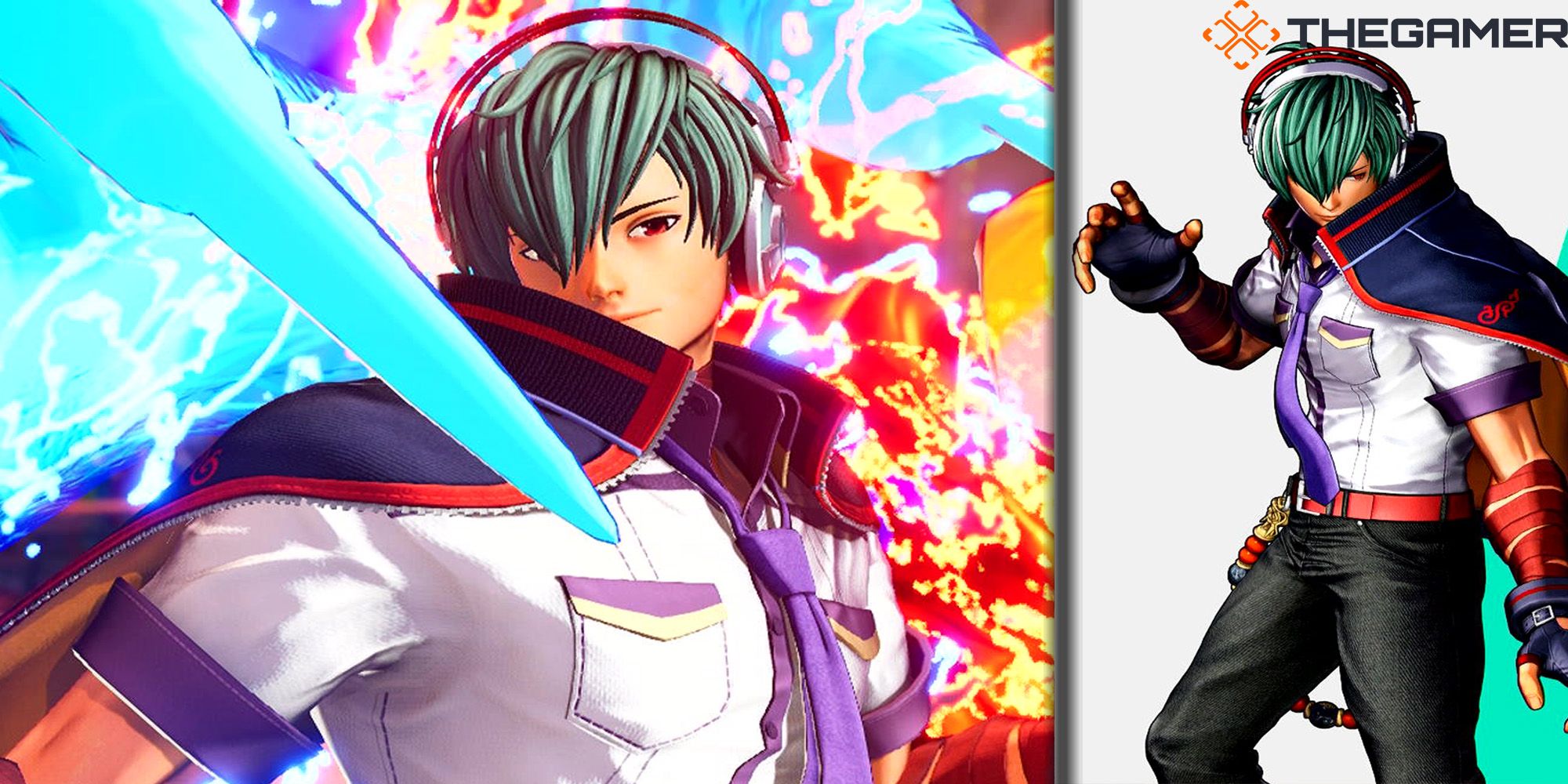 (Panel 1) Shun'ei's win pose from The King Of Fighters 15. (Panel 2) Shun'ei's character portrait from the VS screen in The King Of Fighters 15.