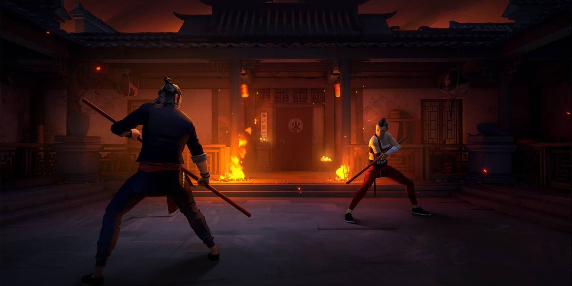 Sifu screenshot of the main character and an enemy staff combat in front of burning building