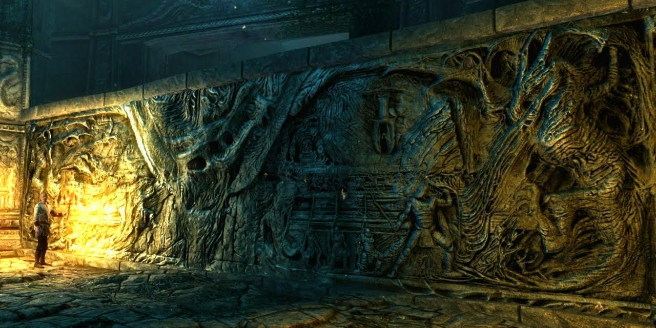 Alduin's Wall in Sky Haven Temple in Skyrim
