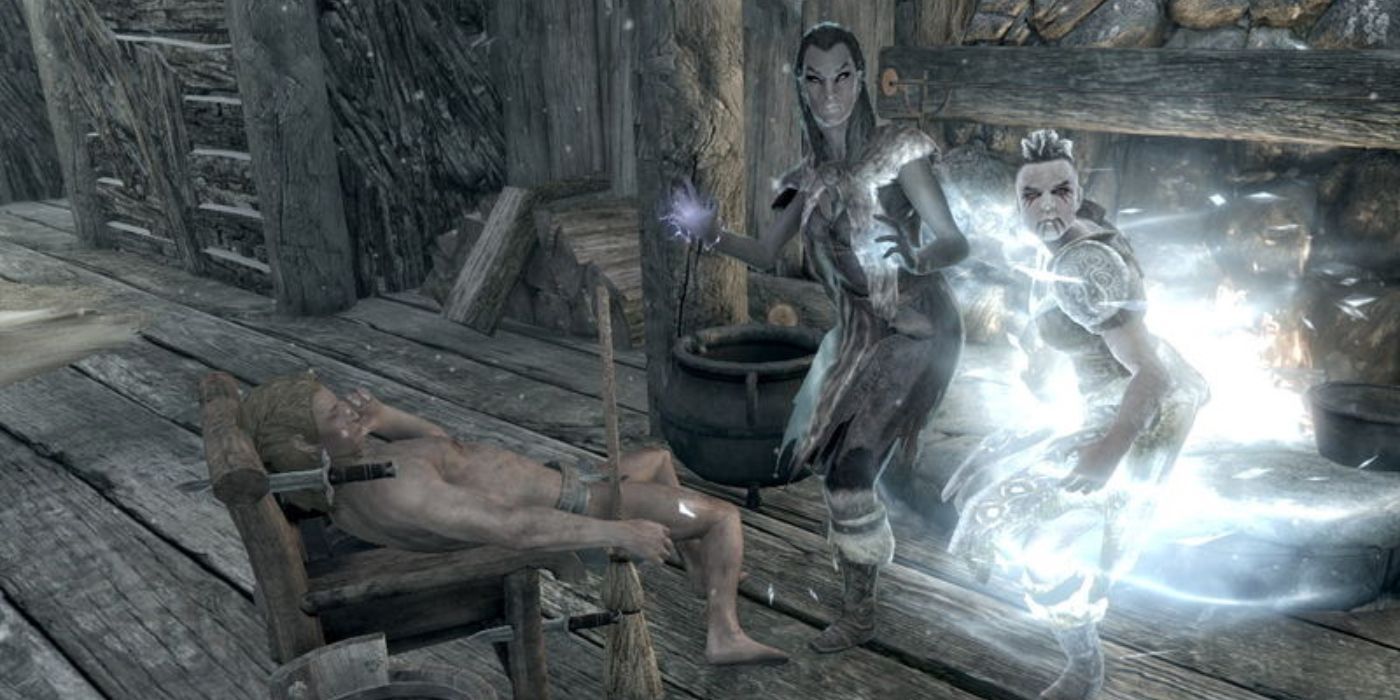 Erwan (right) and a bandit stand near the body of the merchant Gunther (left)