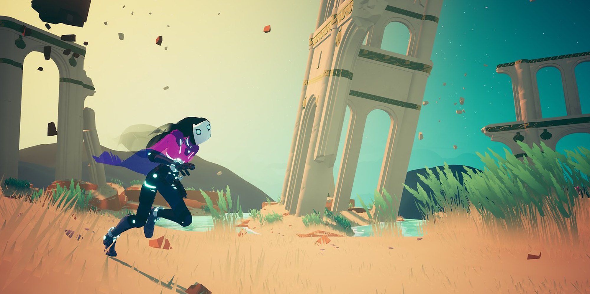 Rei from Solar Ash running through grass in front of ruins