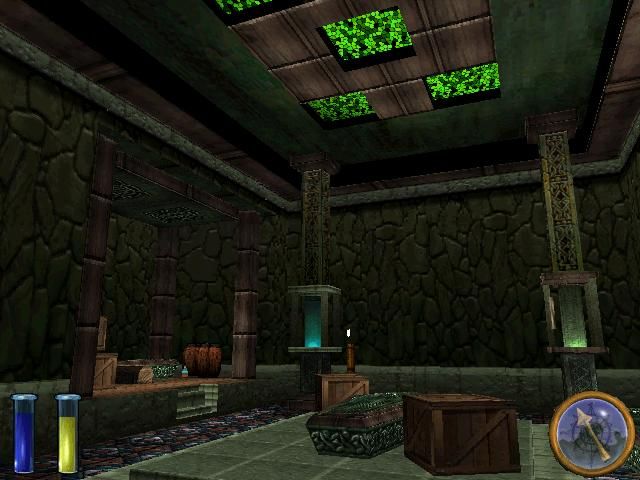 Battlespire's Soul Cairn with a coffin and boxes strewn across a dark, greenish room