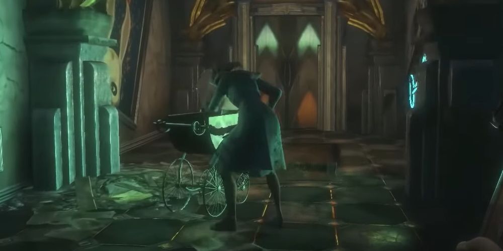 BioShock: Creepy Splicer peers menacingly into a stroller