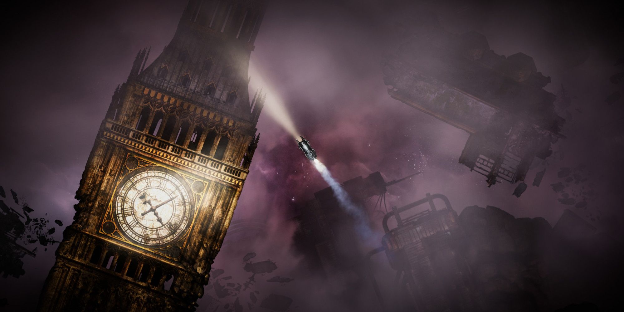 Interstellar vehicle with headlight above a floating clock tower 