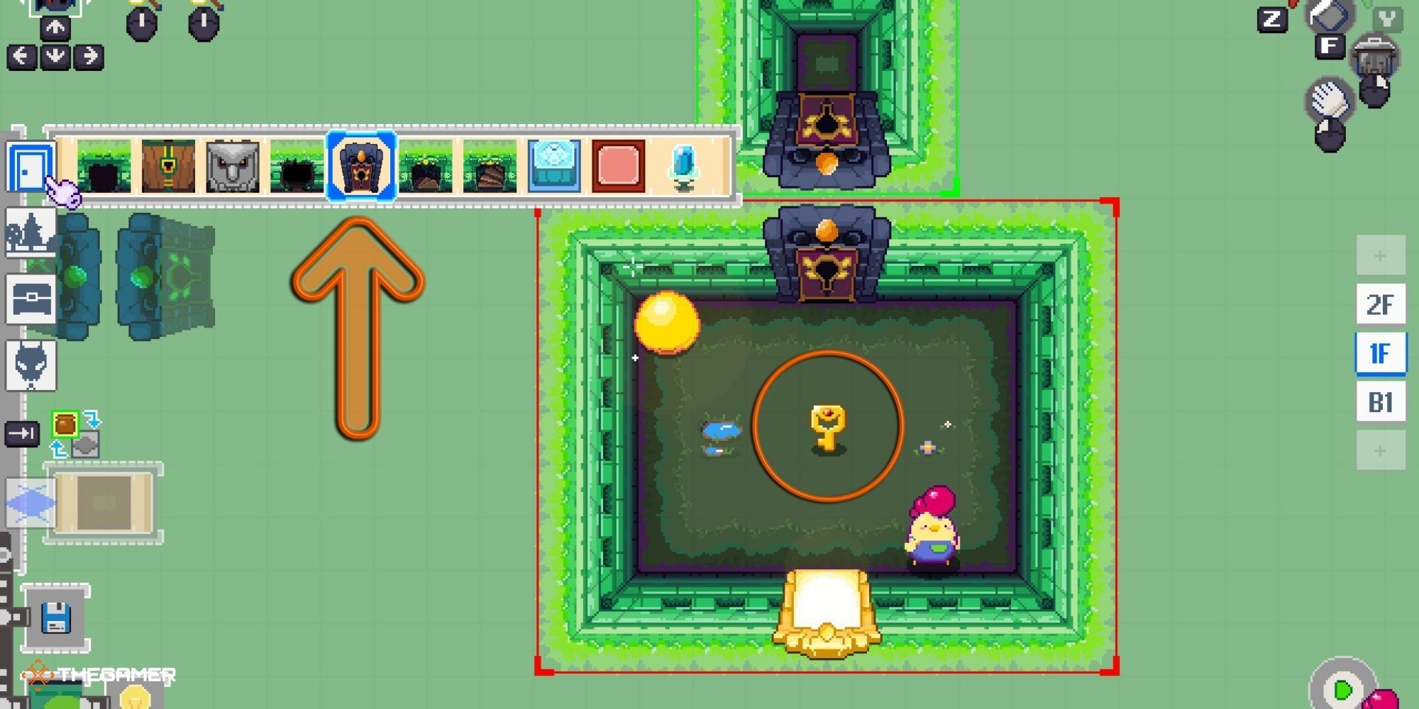 Super Dungeon Maker - Dungeon-Making Menu with arrow pointing to decorative locked door