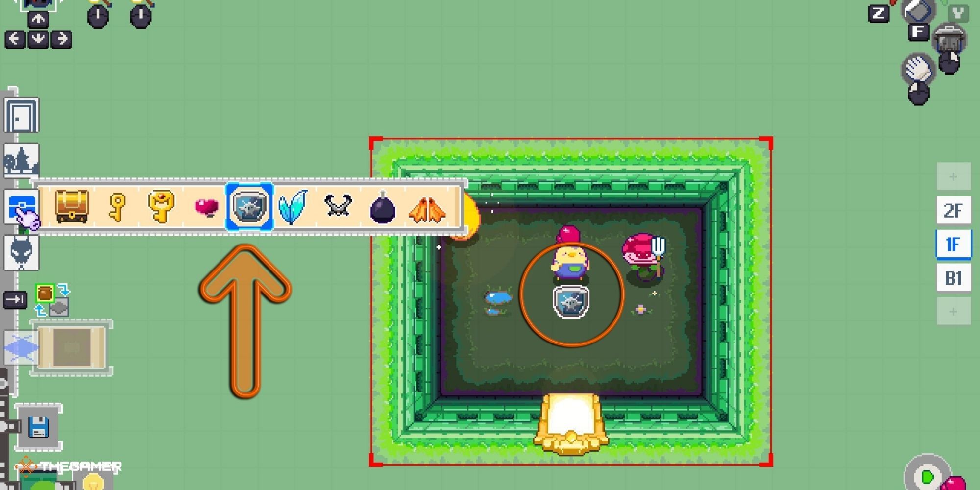 Super Dungeon Maker - Dungeon-Making Menu with arrow pointing to powerups (1)