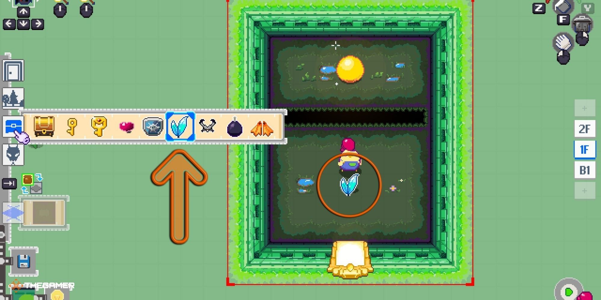 Super Dungeon Maker - Dungeon-Making Menu with arrow pointing to powerups (2)