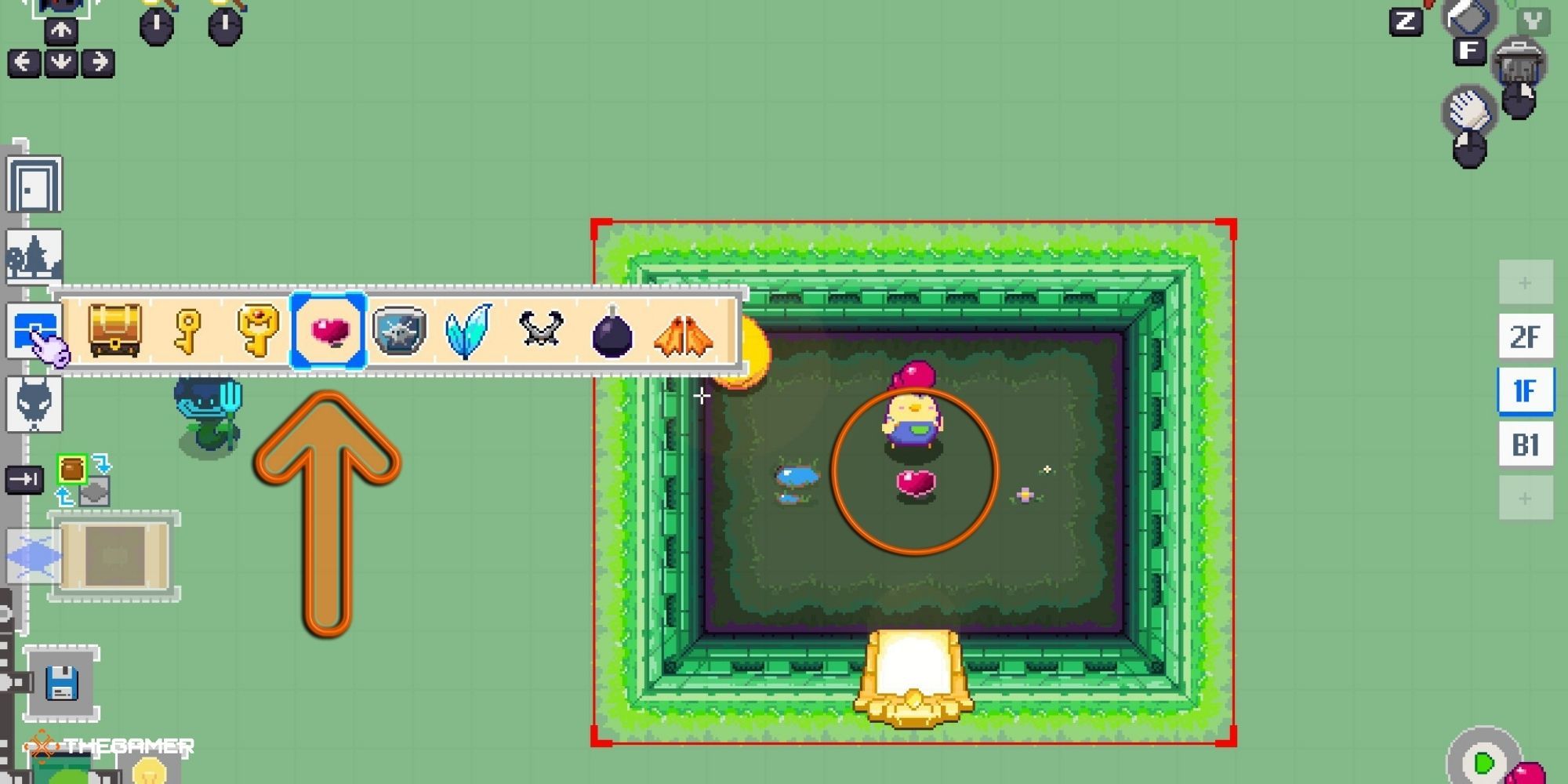 Super Dungeon Maker - Dungeon-Making Menu with arrow pointing to powerups