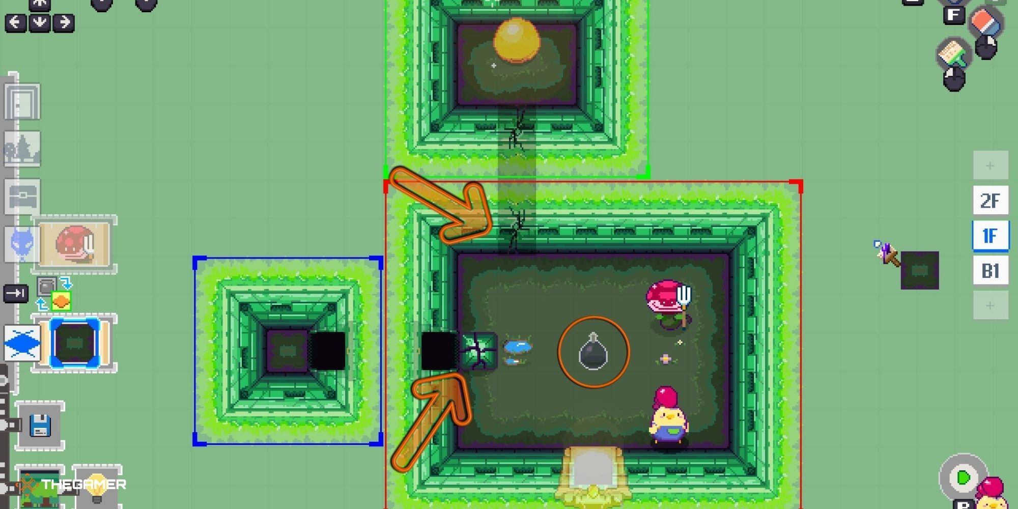 Super Dungeon Maker - Dungeon-Making Menu with arrows pointing to breakable objects