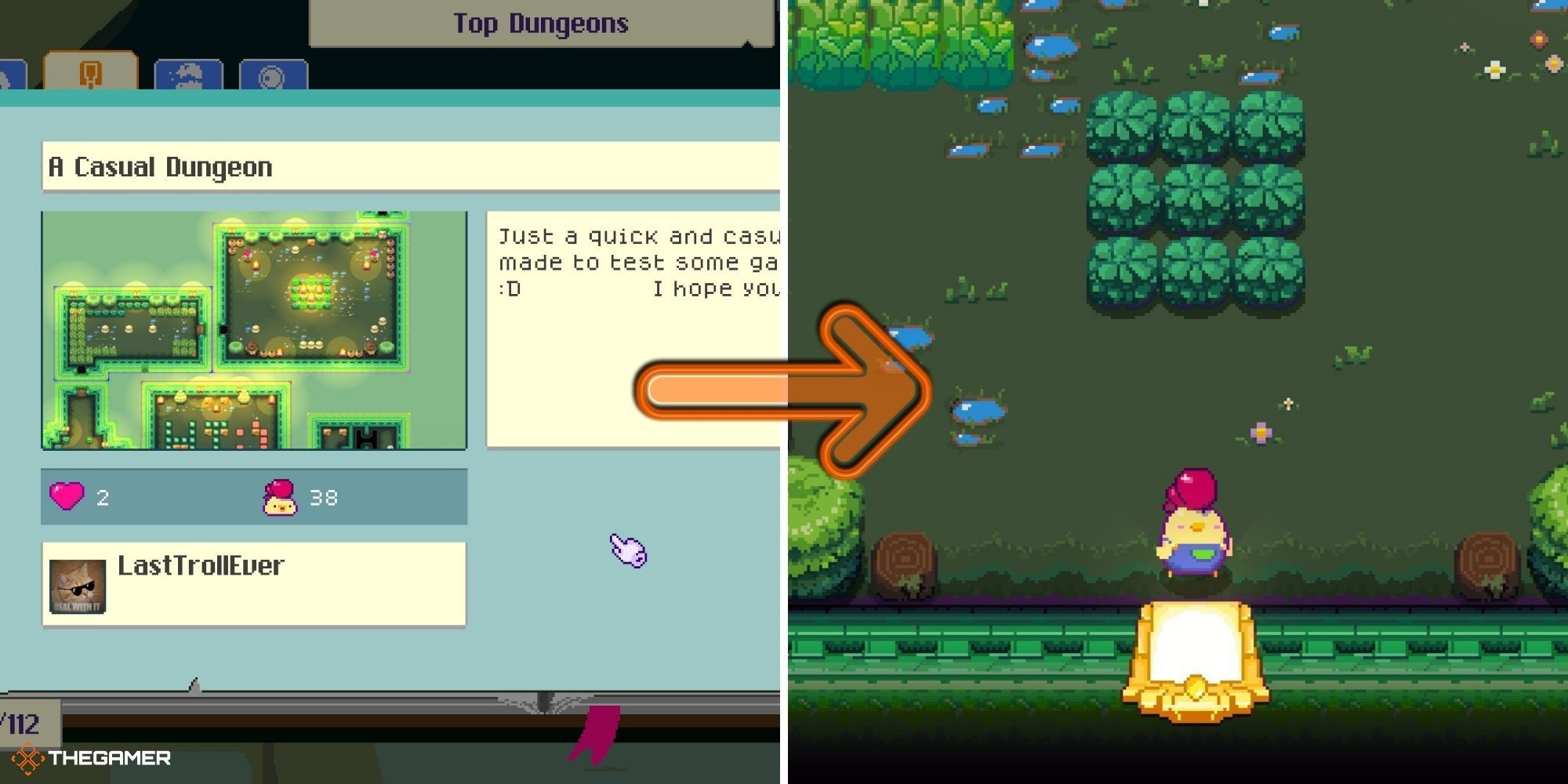 Super Dungeon Maker - Dungeon description on left, player in dungeon entrance on right
