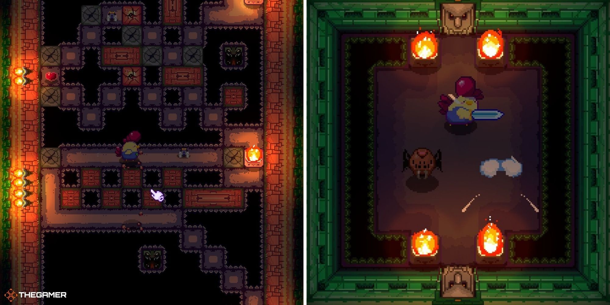 Super Dungeon Maker - player in a platforming puzzle on left, player fighting Spiders on right