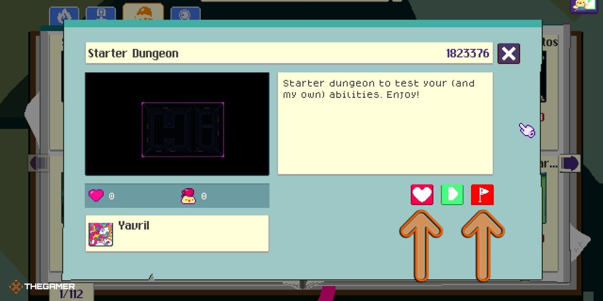 Super Dungeon Master - dungeon menu with 'like' and 'report' options indicated
