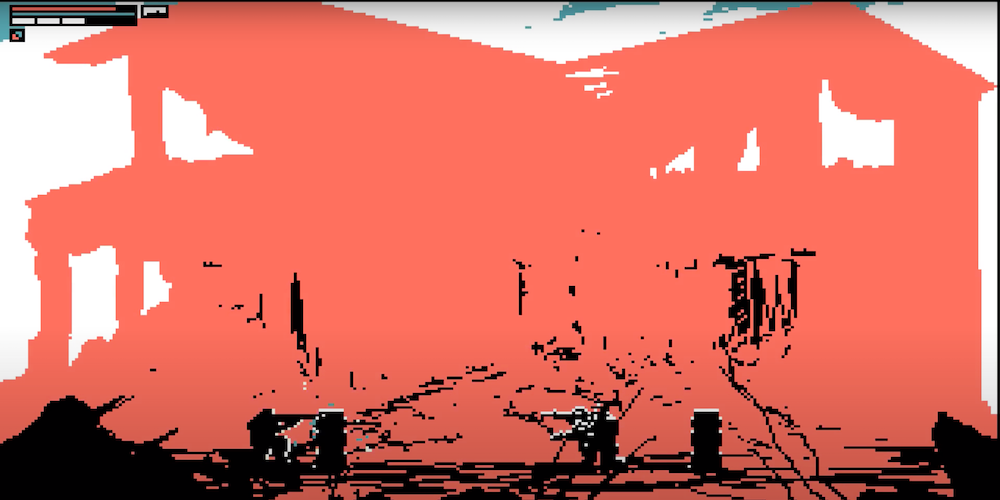 An opac background with men firing guns undercover