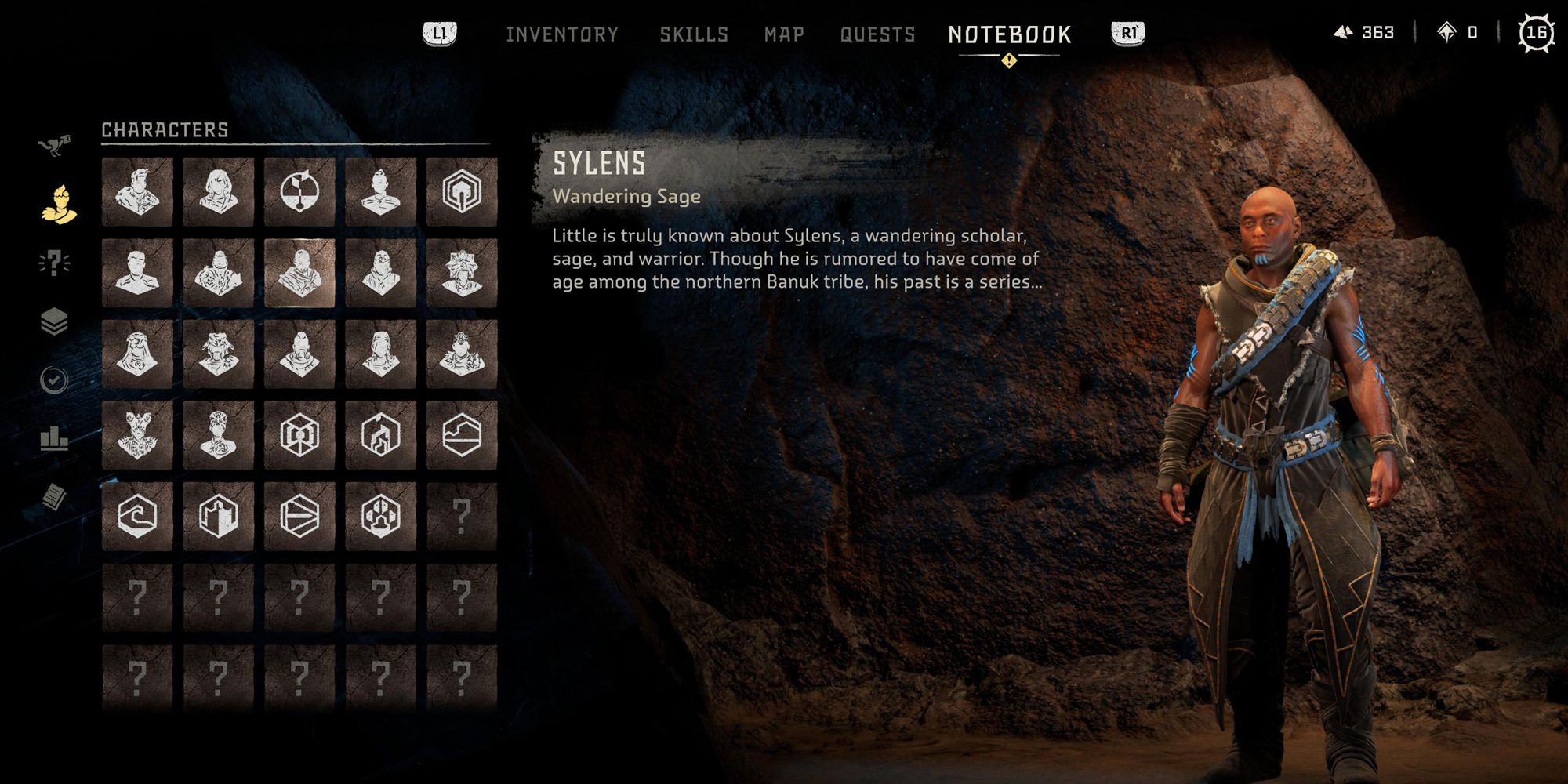 Horizon: Forbidden West Sylens Character bio screen.