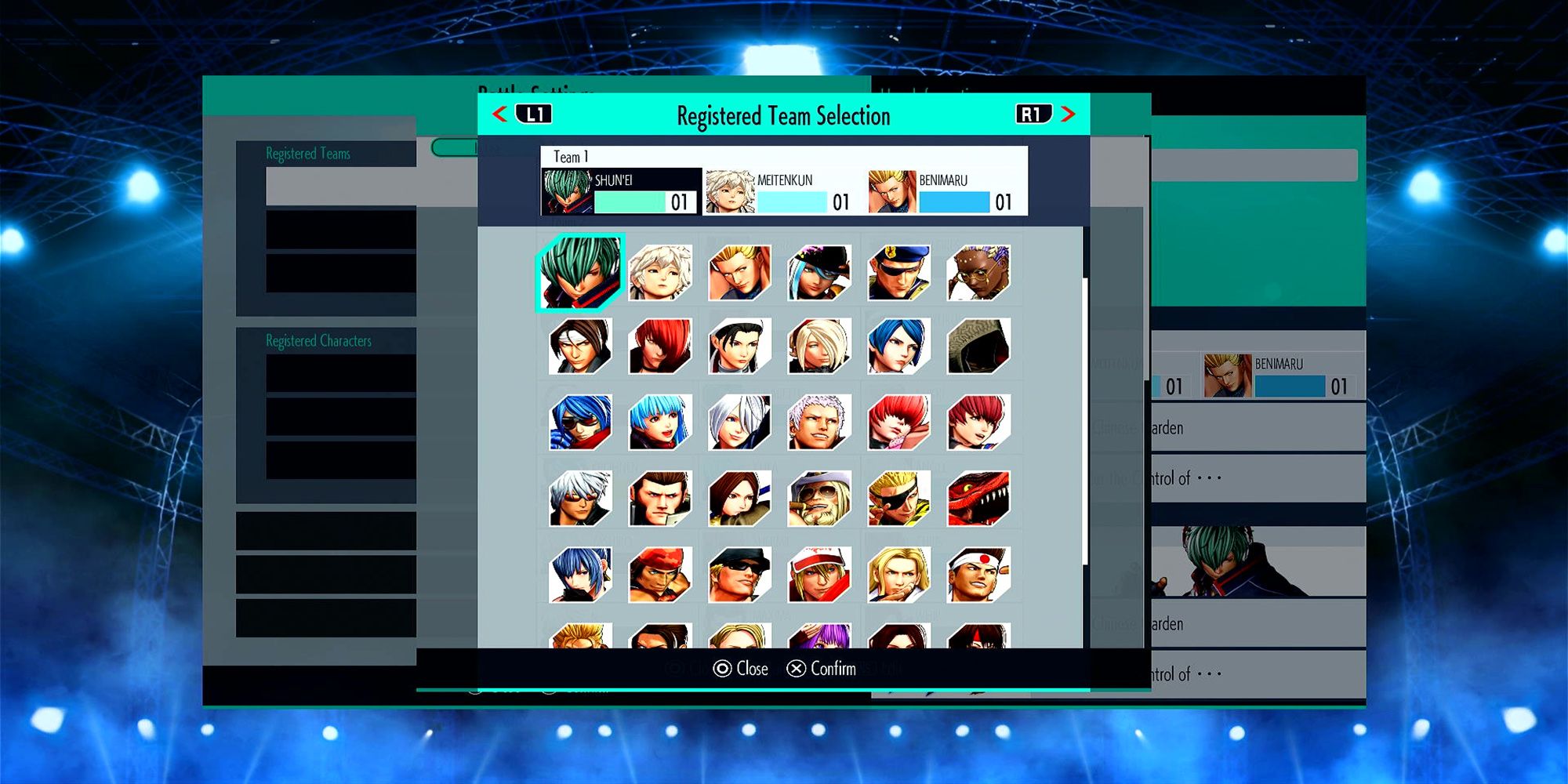 Shen'ui is highlighted as the first character in a new team in The King Of Fighter's online team registry menu.