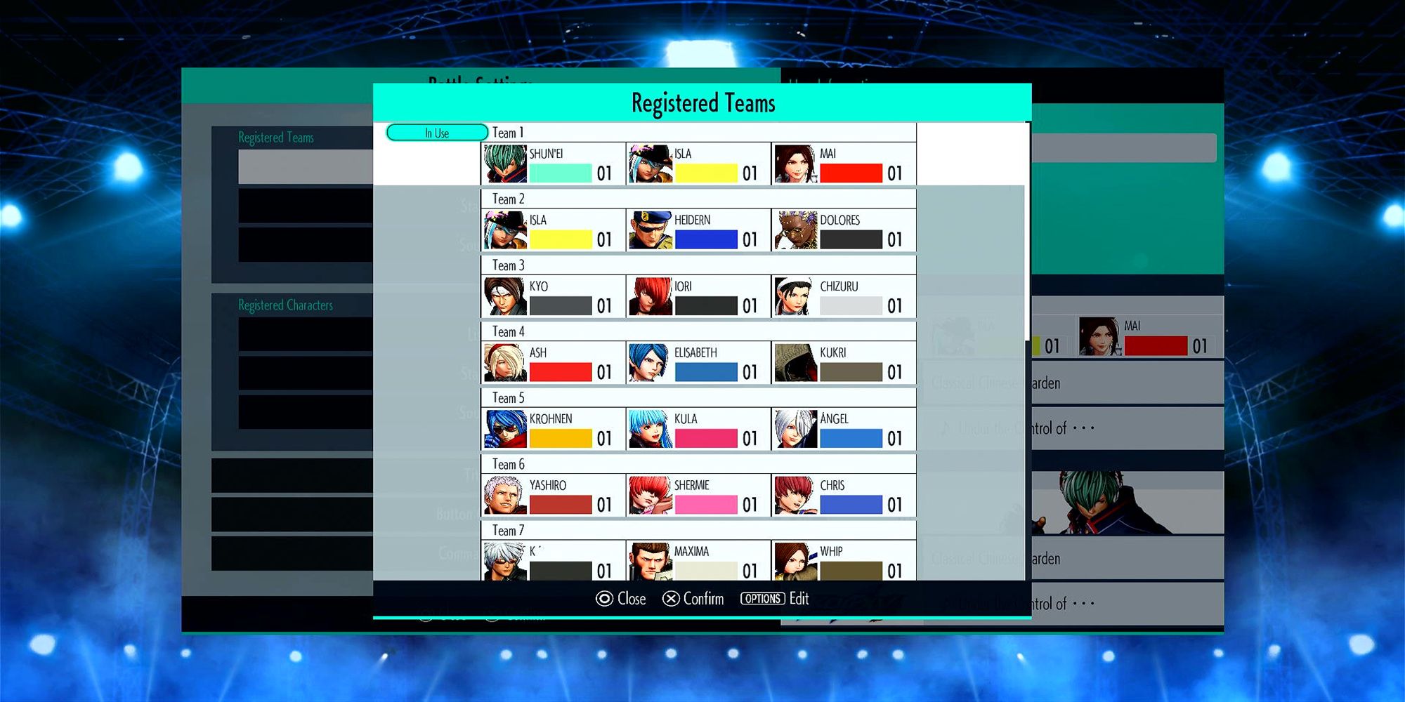 A custom team including Shen'ui, Isla, and Mai is now registered in use for online play in The King Of Fighters 15.