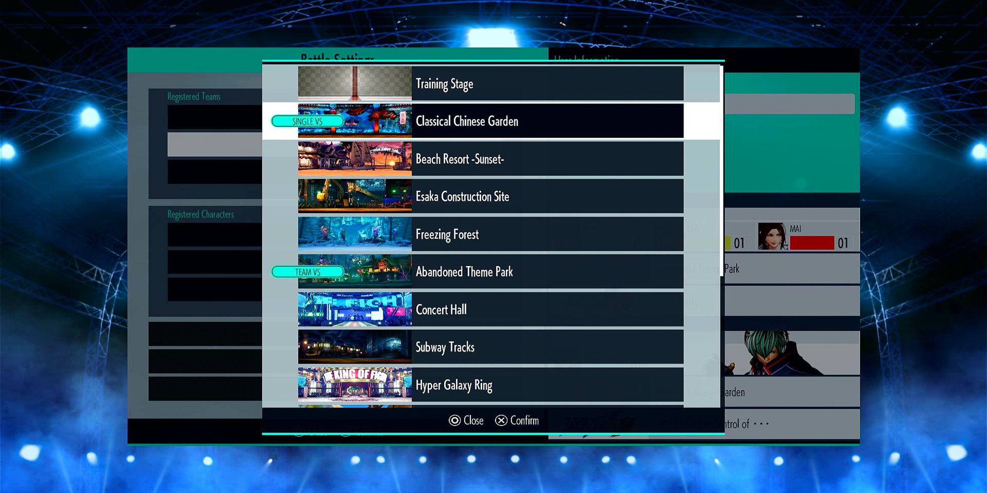 The Classical Chinese Garden and the Abandoned Theme Park are the registered Single Vs. and Team Vs. battle stages, respectively, in The King Of Fighters 15.