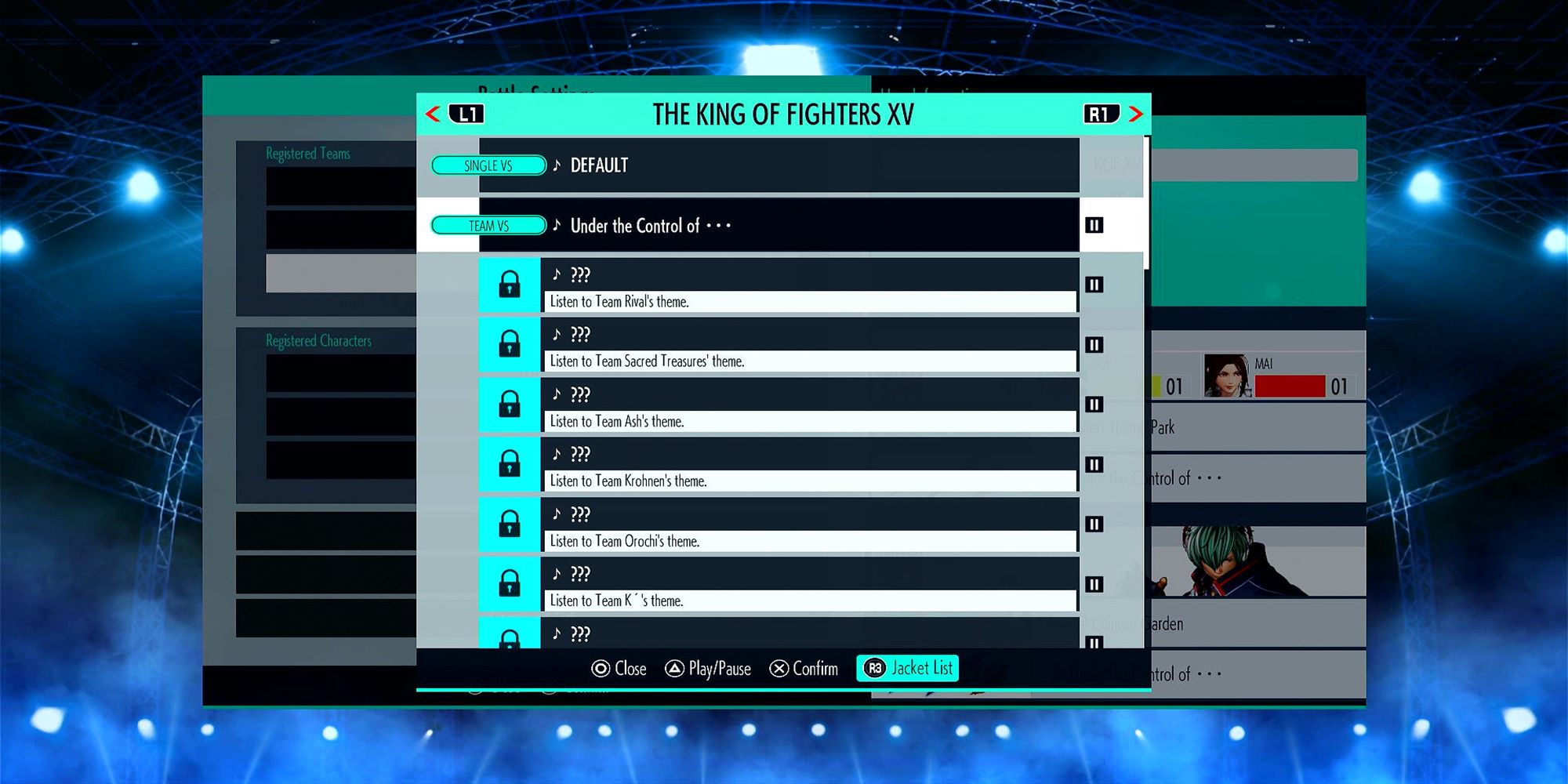 The SIngle Vs. BGM is set to deafault, and the Team Vs. BGM is set to Under The Control Of - - -, in The King Of Fighters 15.