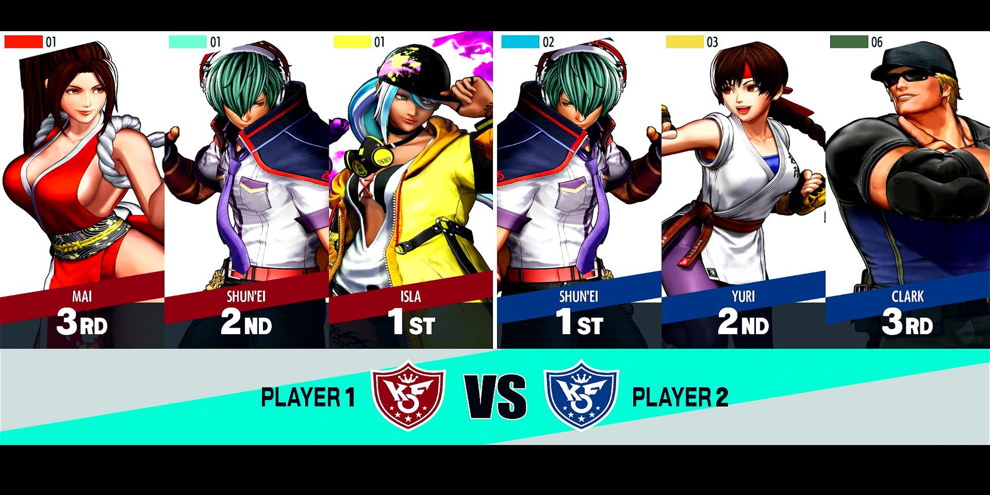 Player 1's team (Mai, Shun'ei, and Isla) face off against the computer team (Shun'ei, Yuri, and Clark) in an online tutorial match in The King Of Fighters 15.