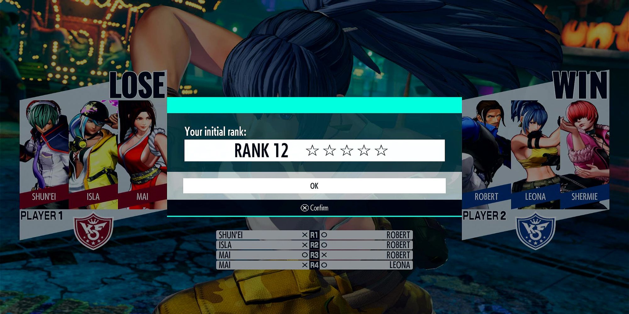After finishing the tutorial battles and losing to Leona, the online tutorial assigns the player to Rank 12 in The King Of Fighters.