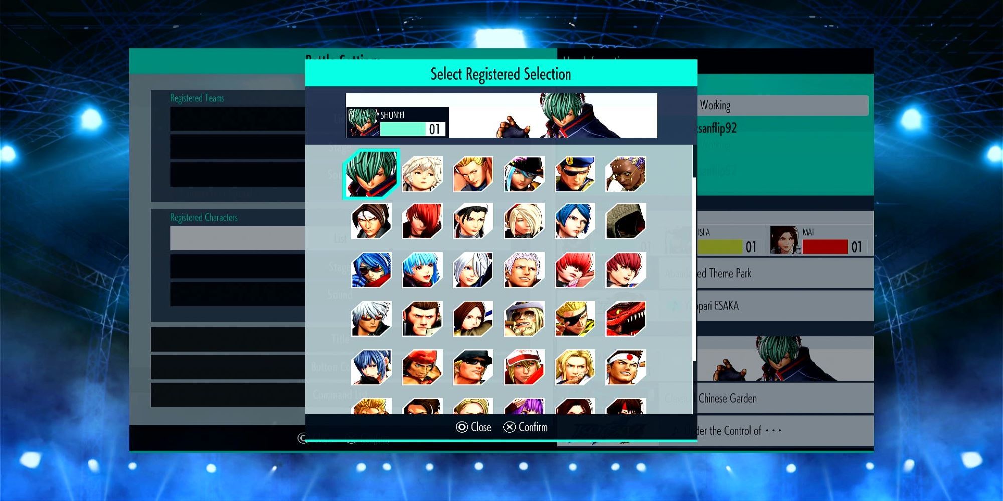 Shun'ei is highlighted in the Registered Character Selection menu in The King Of Fighters 15.
