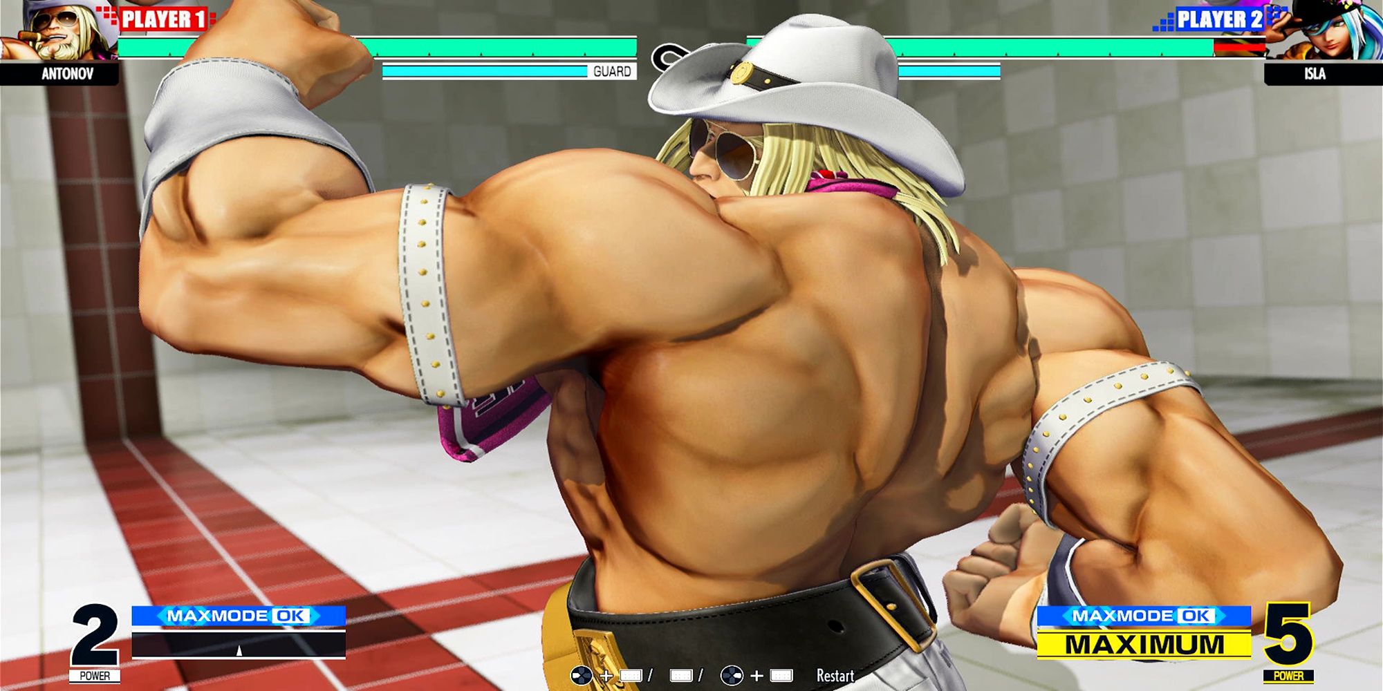 Antonov strikes a pose before unleashing his Climax Super Special Move, Kosmos Regression, on Isla at the Training Stage in The King Of Fighters 15.