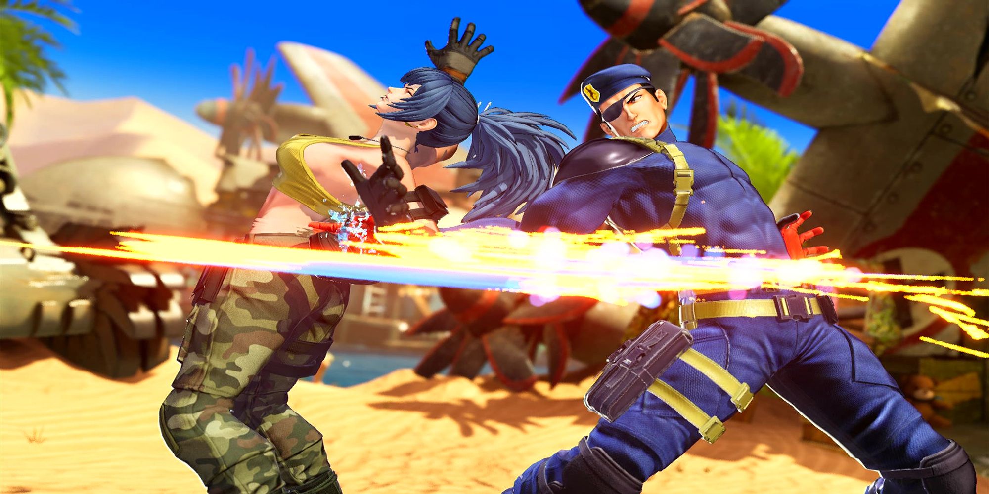 Heidern slashes into Leona during his Gae Bolg move at The Sahara in The King Of Fighters 15.