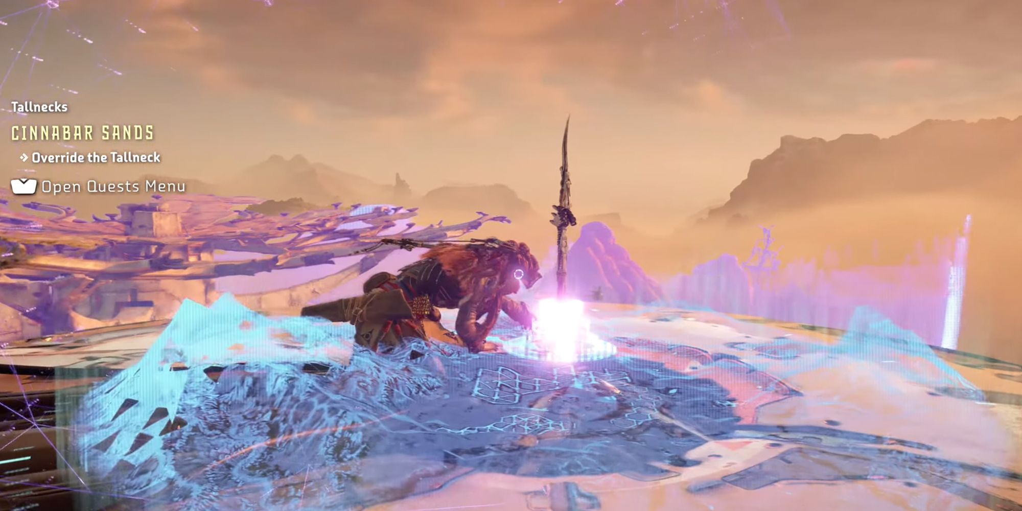 Horizon: Forbidden West Aloy riding a Tallneck, retrieving data from them.
