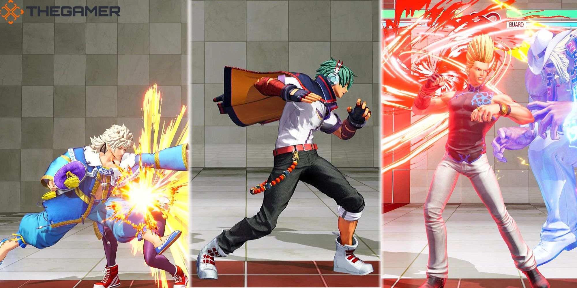 (Panel 1) Meitenkun leaps toward Yuri in a battle at The Training Stage in The King Of Fighters 15. (Panel 2) Shun'ei hurls forward in a punch at the Training Stage in The King Of Fighters 15. (Panel 3) Benimaru begins to land Super Special Move on Antonov at the Training Stage in The King Of Fighters 15.