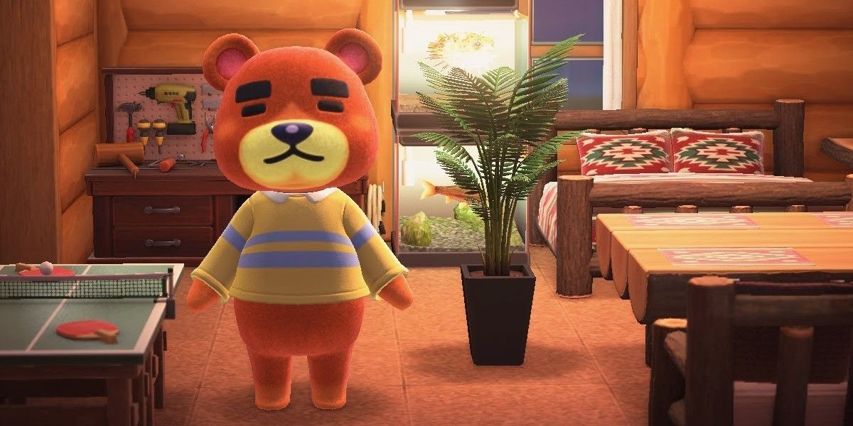 animal crossing teddy bear villager in his home