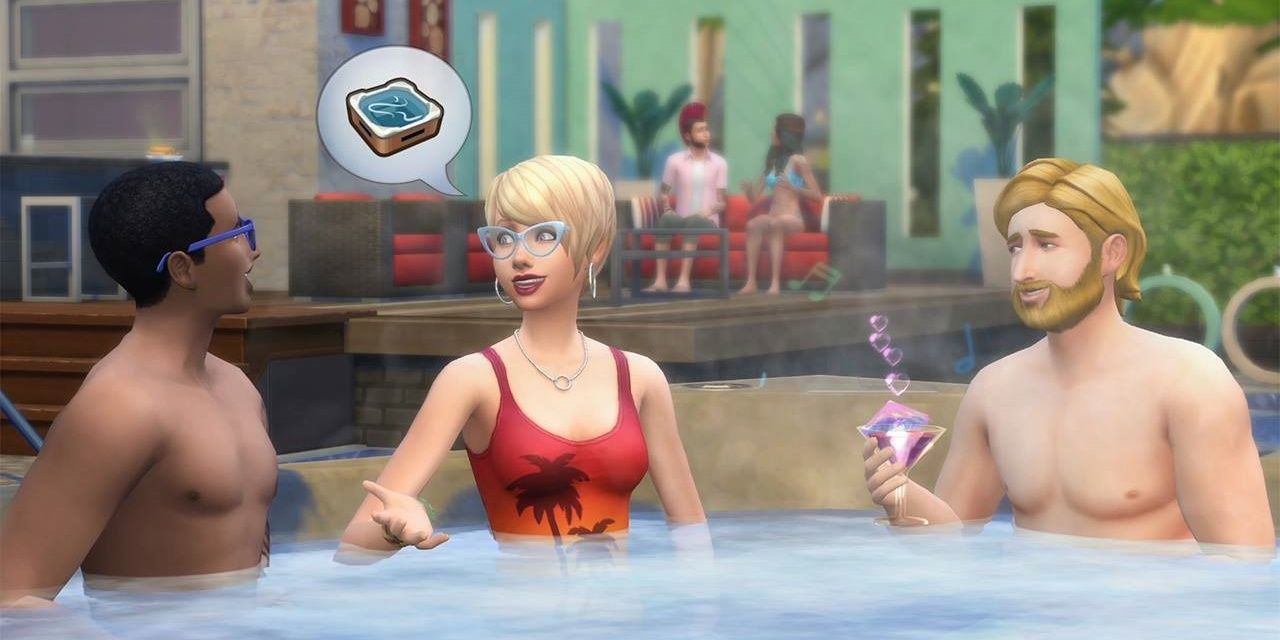 Three Sims enjoy the hot tub on a clear sunny day