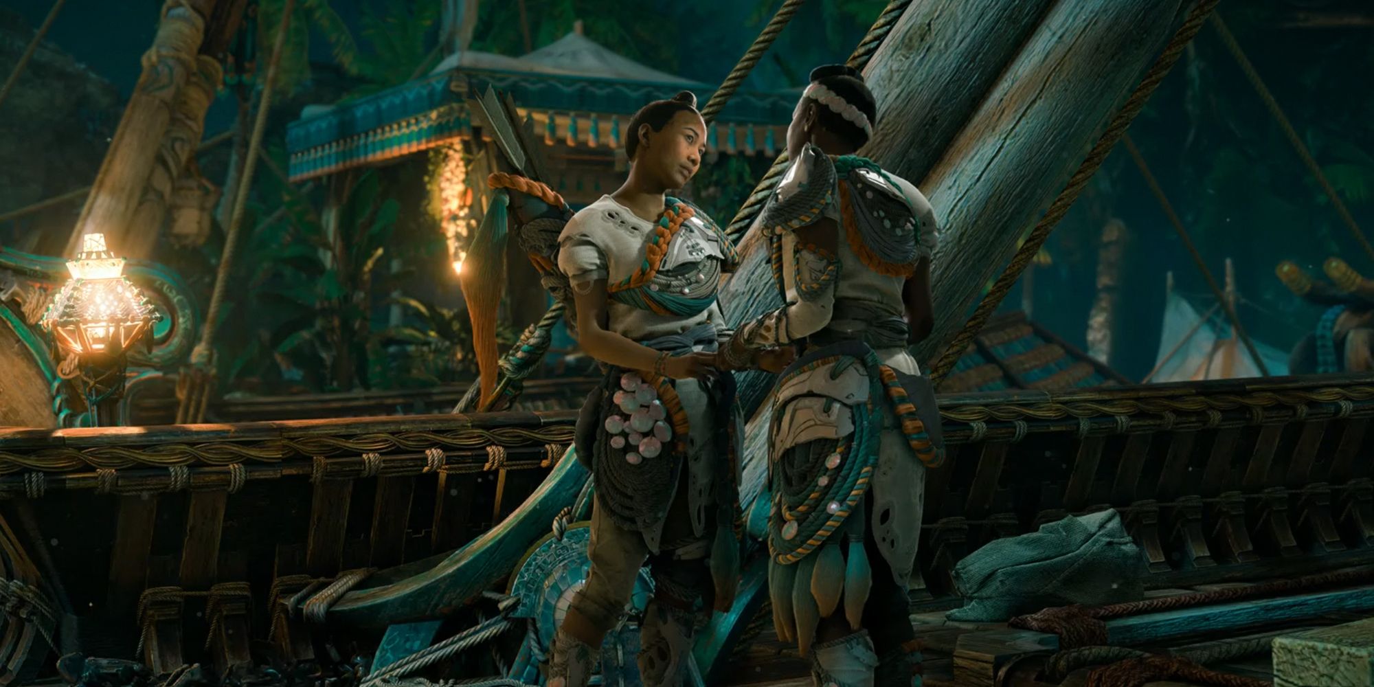 Horizon: Forbidden West side quest. Cutscene of two characters just before Aloy meets them.