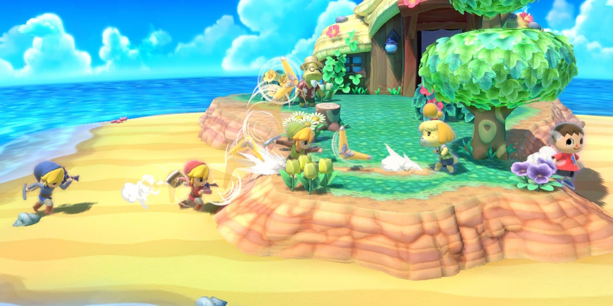 Three Toon Links, Isabelle and Villager on the Animal Crossing island stage
