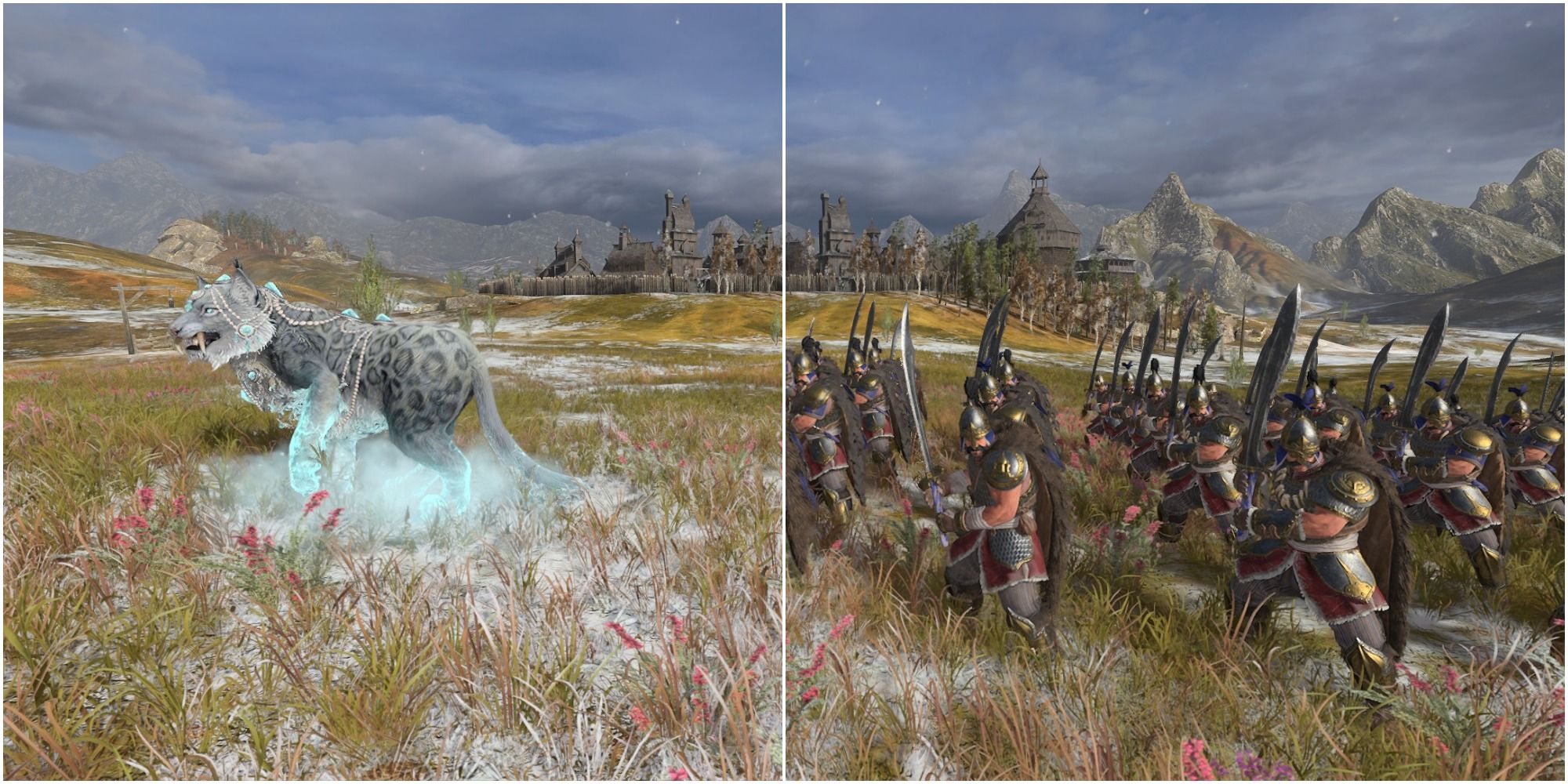 Total War Warhammer 3 Snow Leopard Tzar Guard with Great Weapons on a plateau