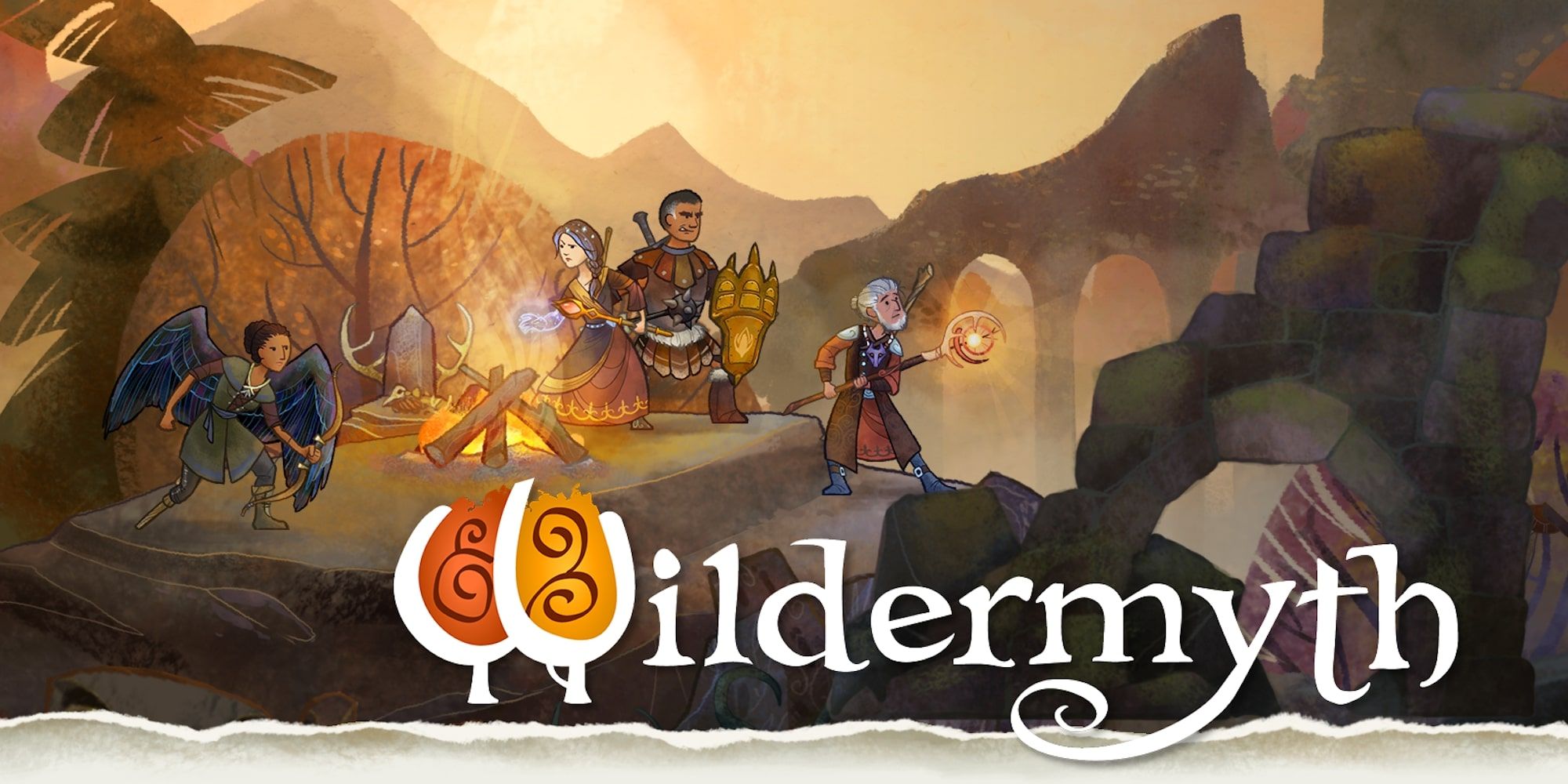 Four portrait characters strike fantasy poses in front of Wildermyth lettering