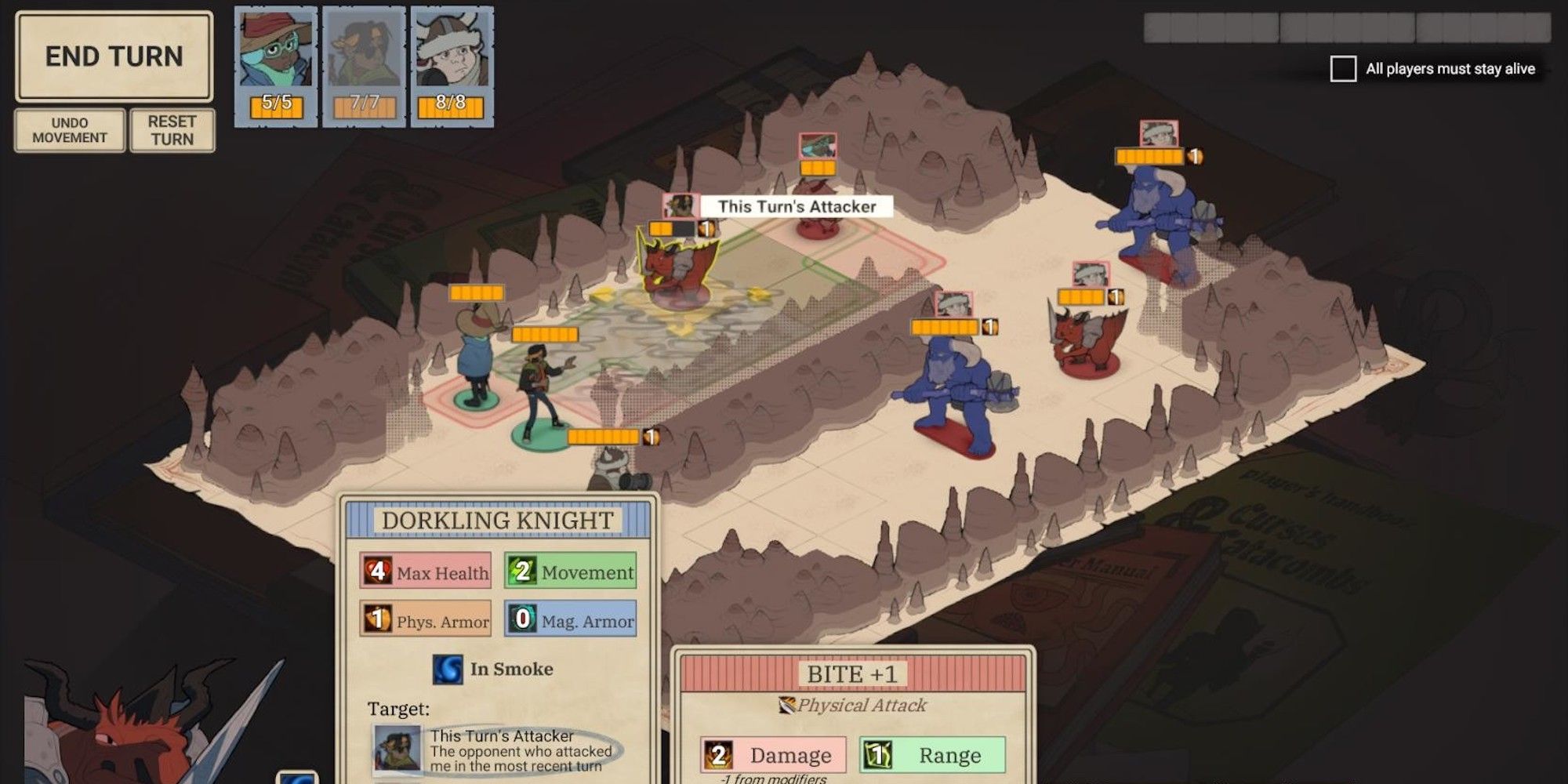 In an isometric cave, humans pose near bull and dragon enemies
