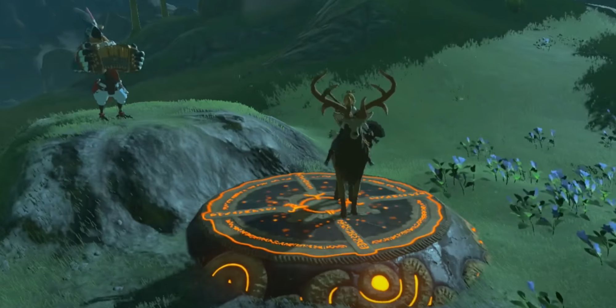 Zelda Breath Of The Wild Link Riding A Buck On Shrine Platform