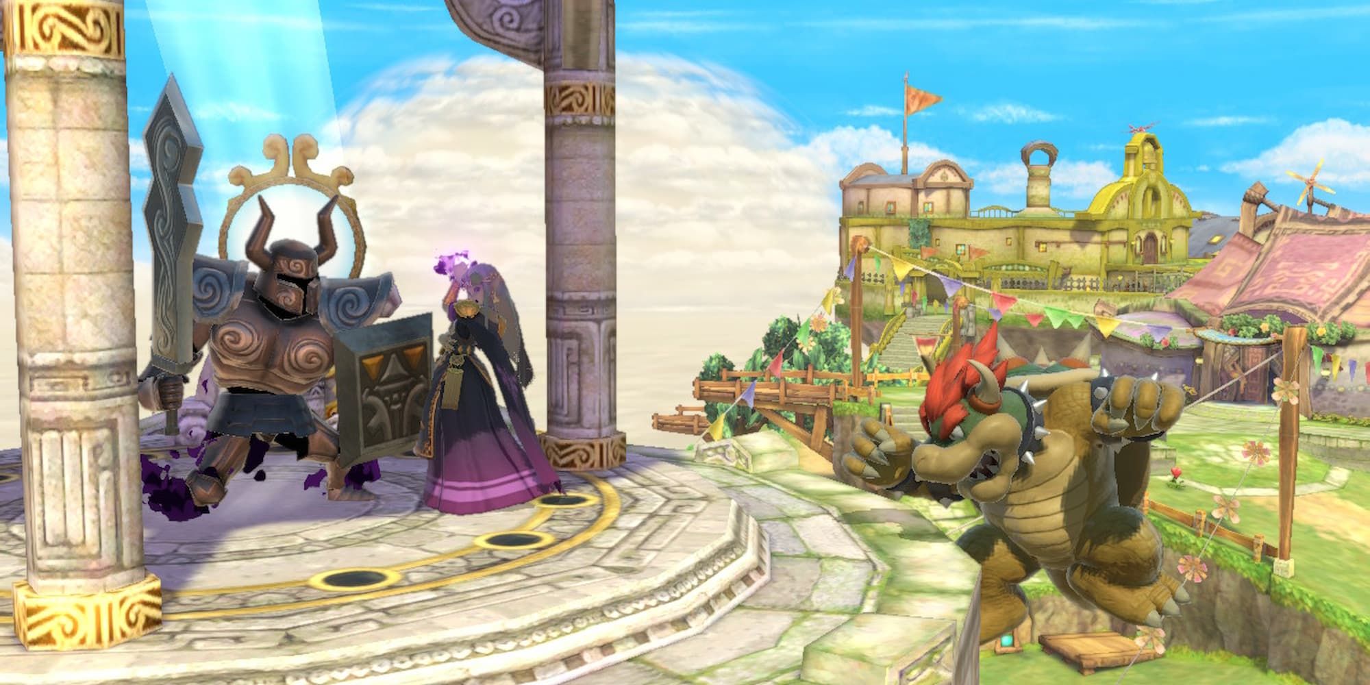 Zelda preparing a knight whilst Bowser tries to return to the stage
