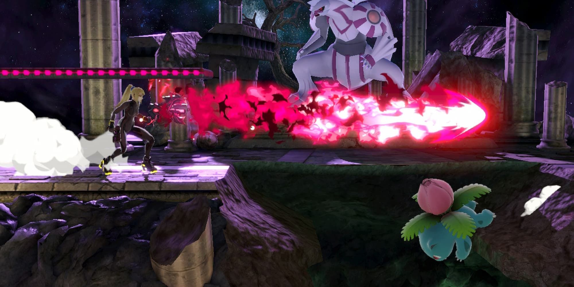 Zero Suit Samus shoots an energy blast that goes over Ivysaur