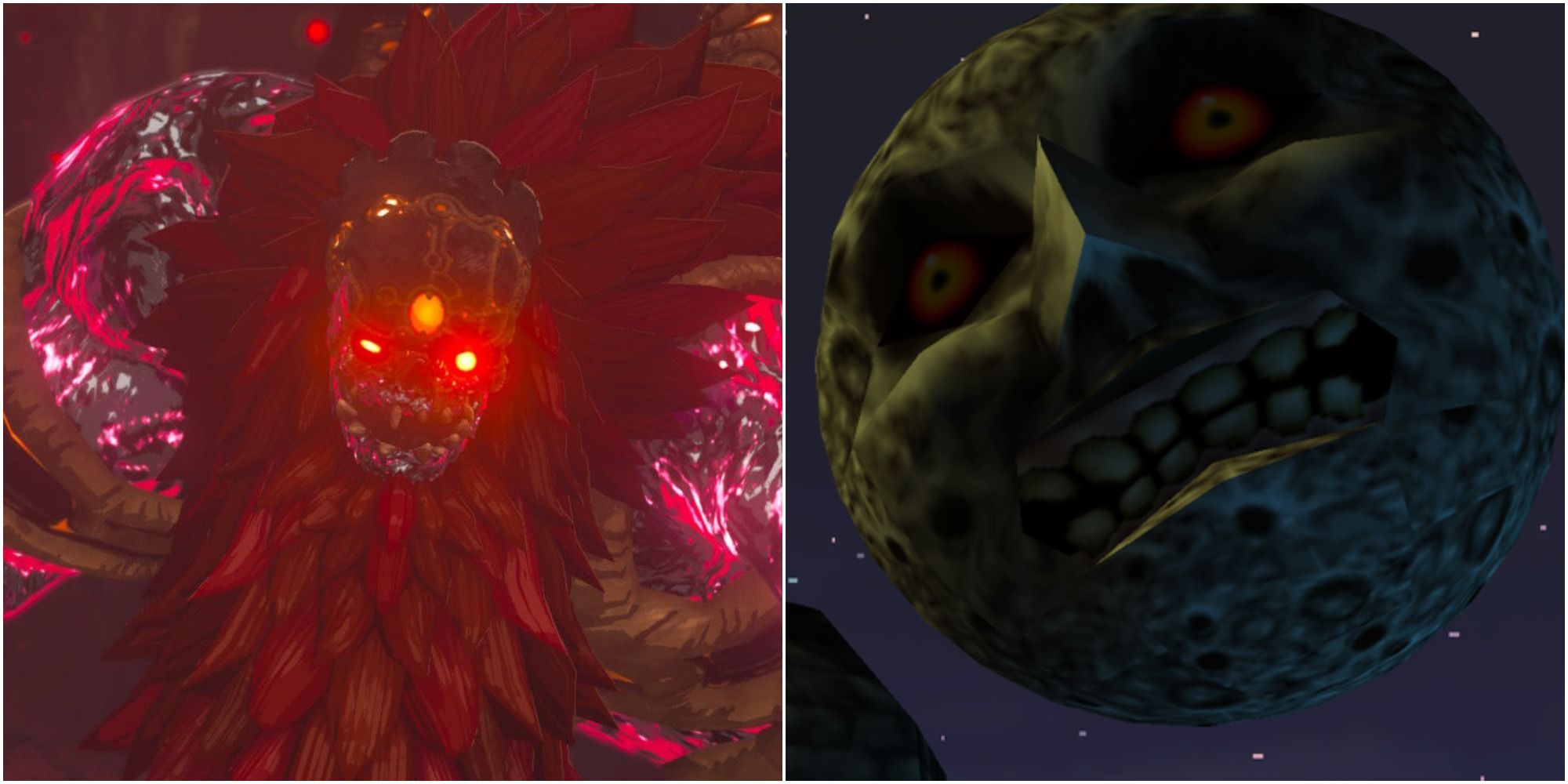 Screenshots of Breath of the wild's Calamity Gannon and Majora's Mask's moon