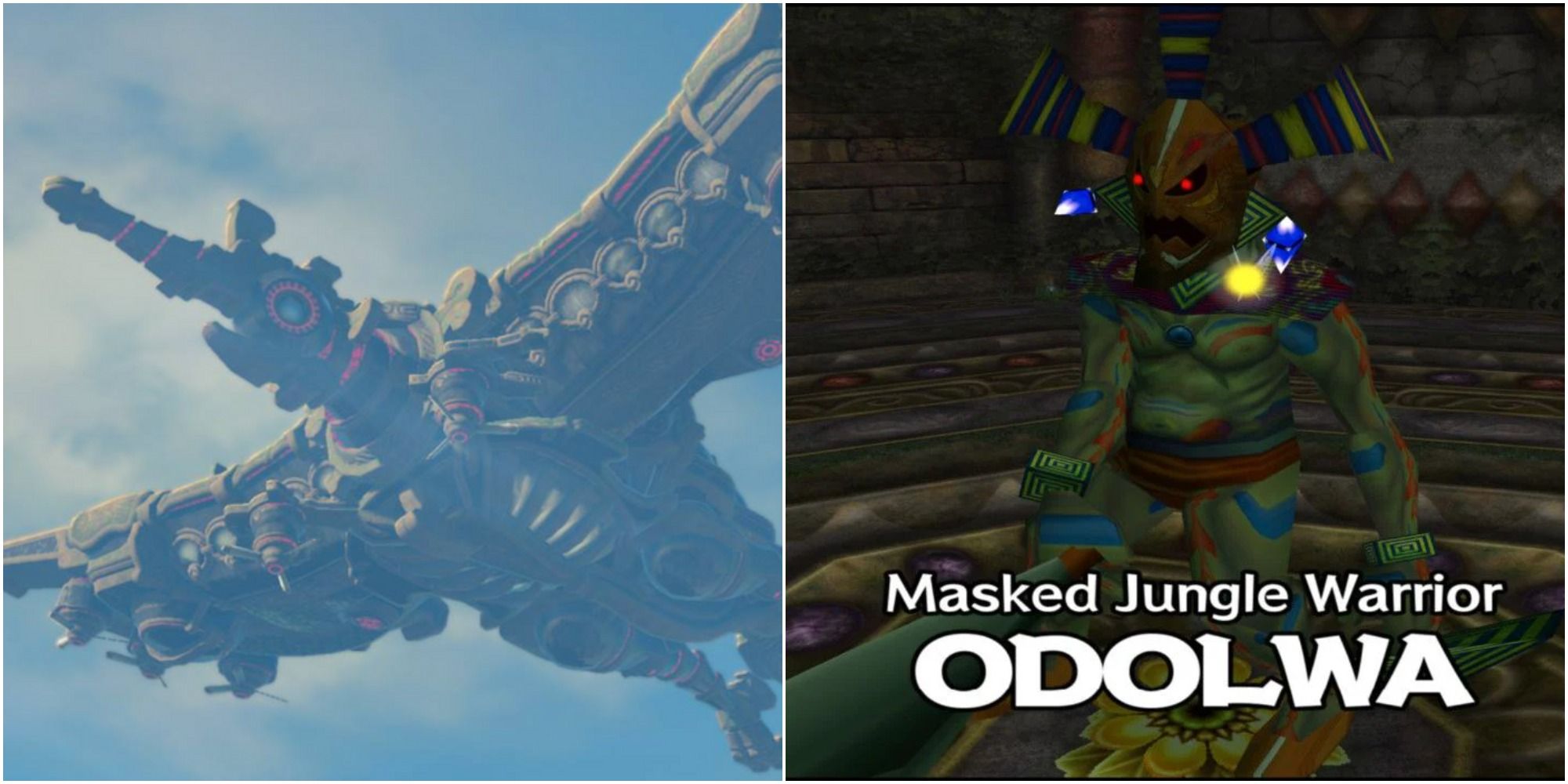 Collage image of Breath of the Wild's divine Beast Vah Medoh and Majora's Mask Odolwa boss