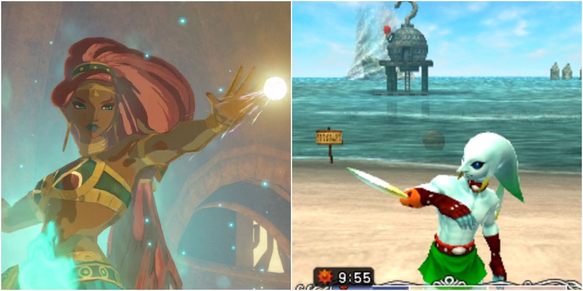 Screenshot collage of Breath of the Wild's Urbosa and Majora's Mask's Zora Link