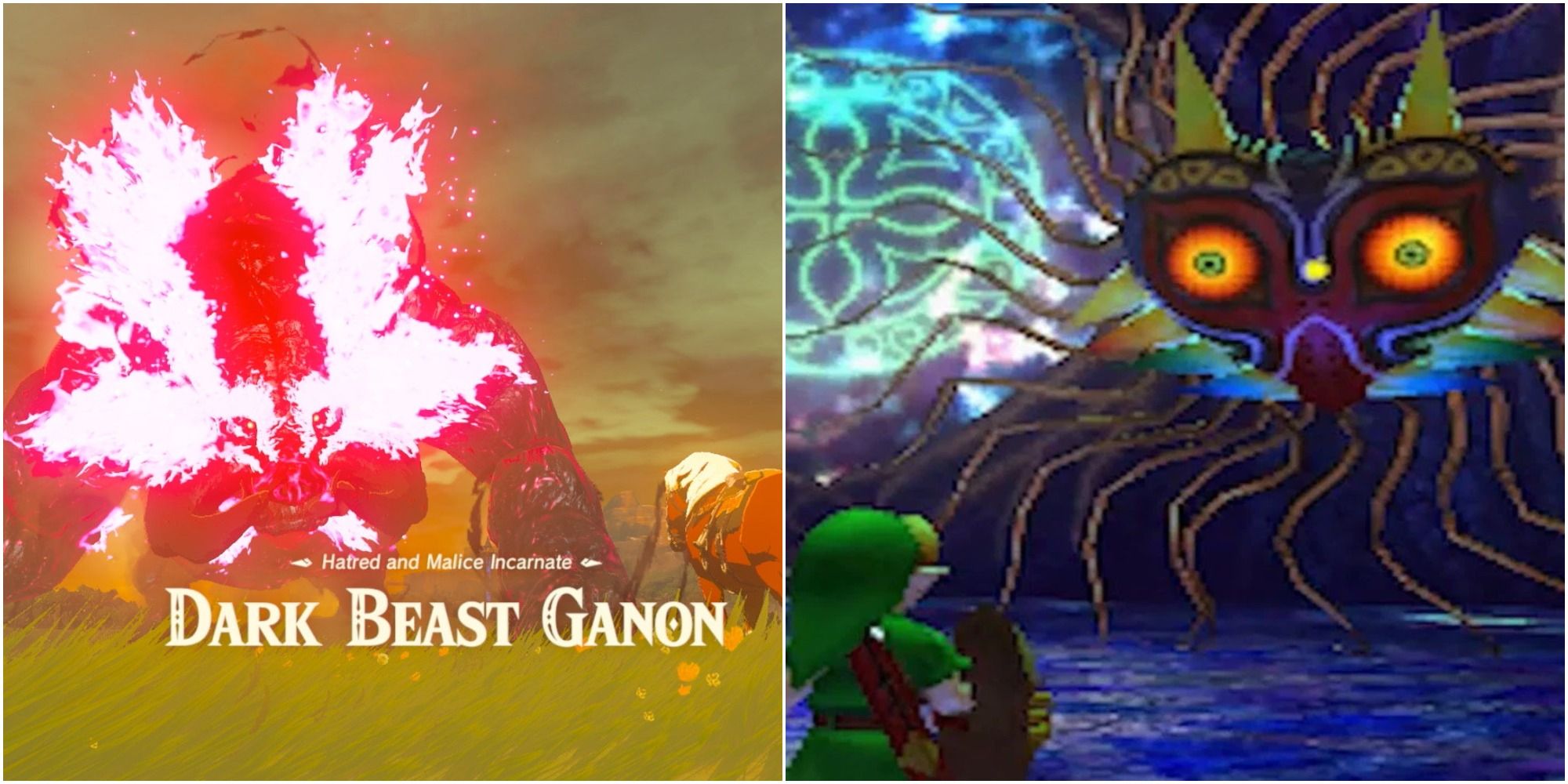 Screenshot compilation of Breath of the Wild's Dark Beast Ganon and Majora's Mask's Majora's Wrath