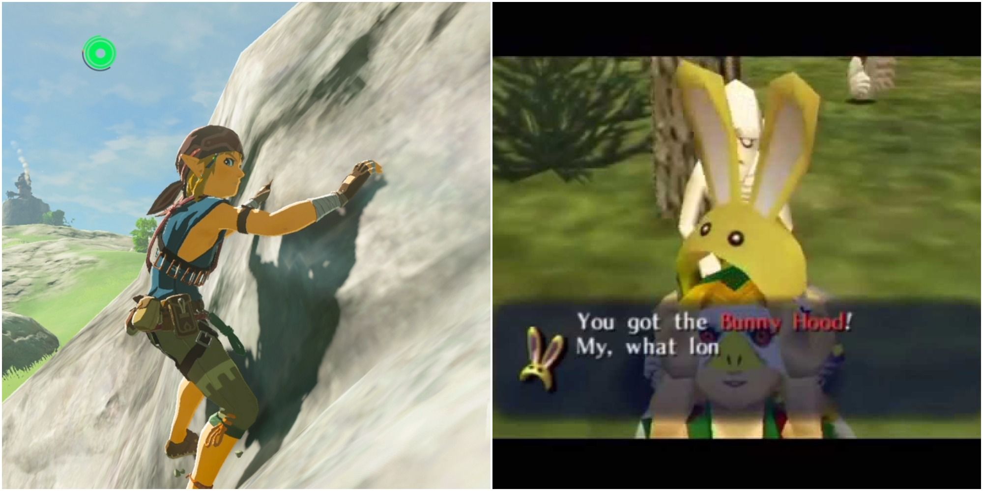 Screenshot compilation of Breath of the Wild's Climbing Gear and Majora's Mask's Bunny Hood