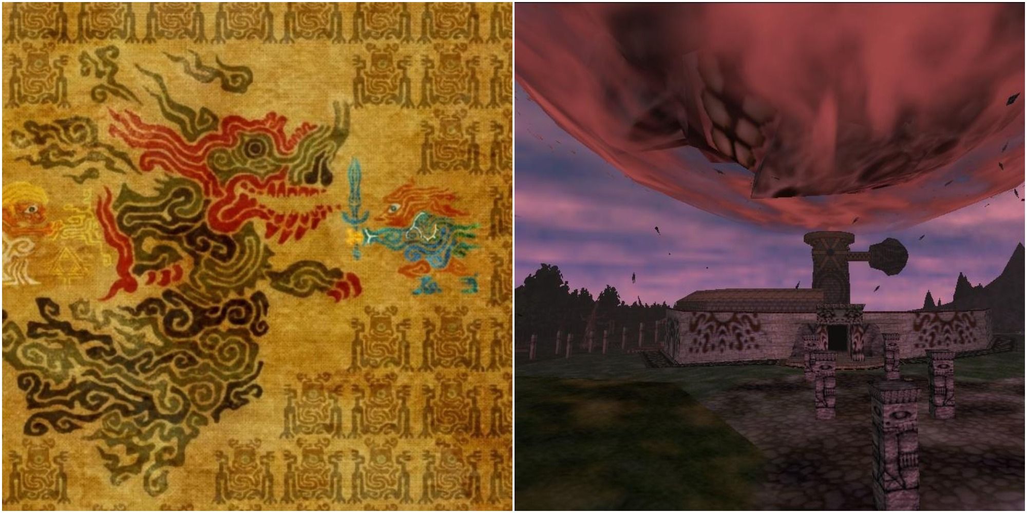 Screenshot compilation of Breath of the Wild's backstory tapestry and Majora's Mask falling moon