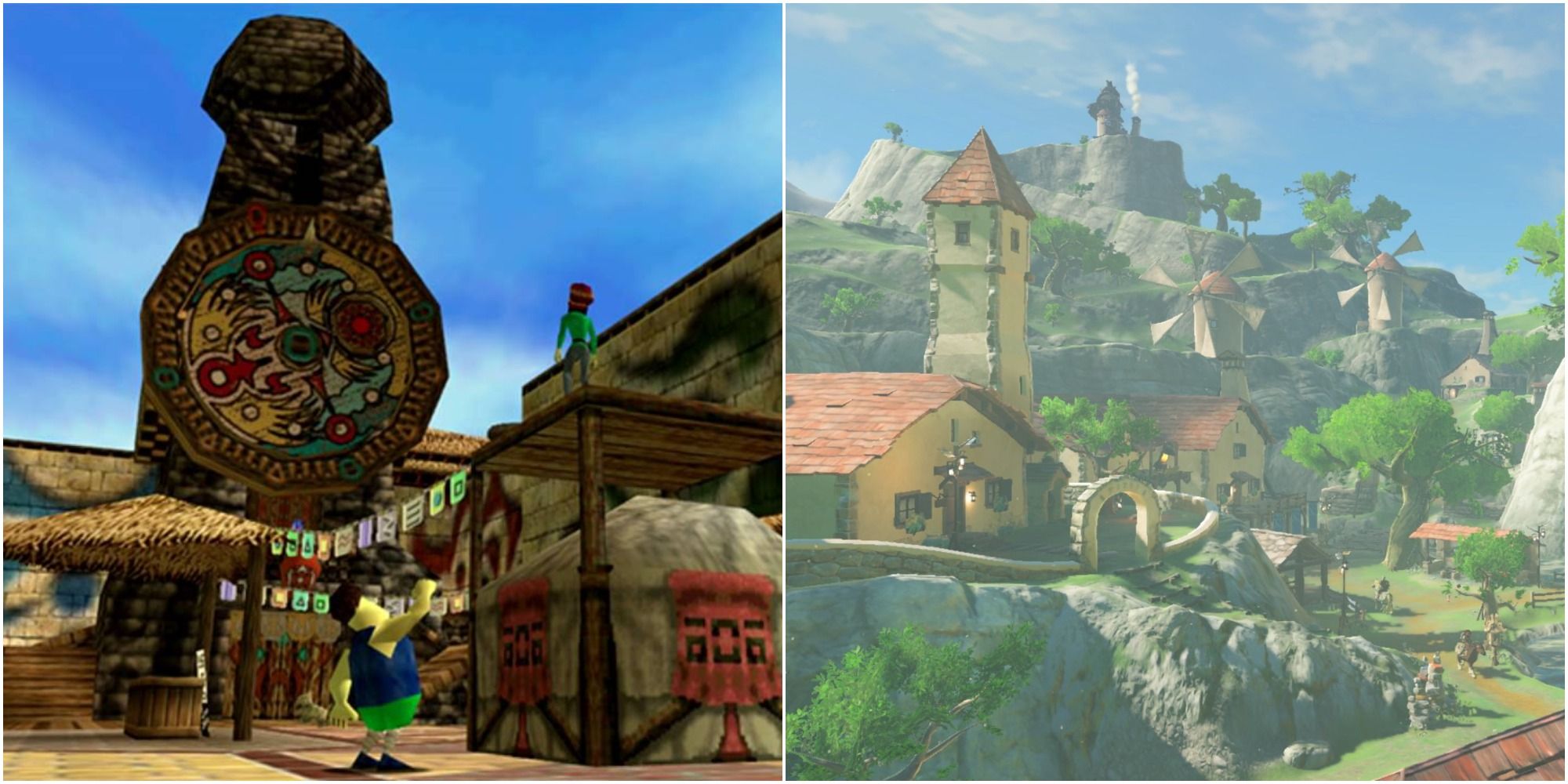 Screenshot compilation of Majora's Mask's Termina Town and Breath of the Wild's Hateno Village