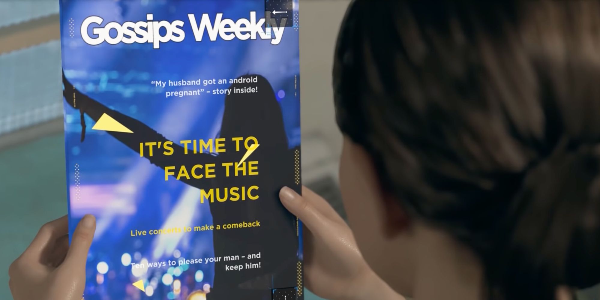 Kara looks at the cover of Gossips Weekly magazine in Detroit: Become Human