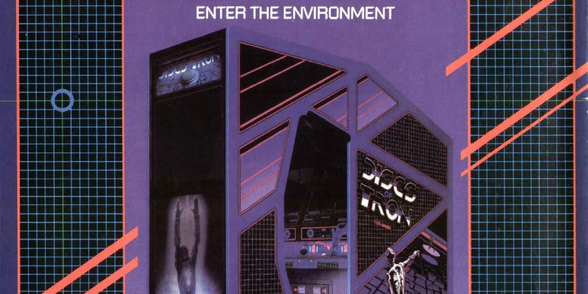 A magazine ad for Midway's Discs Of Tron environmental arcade, showing its internal space for the player to stand in