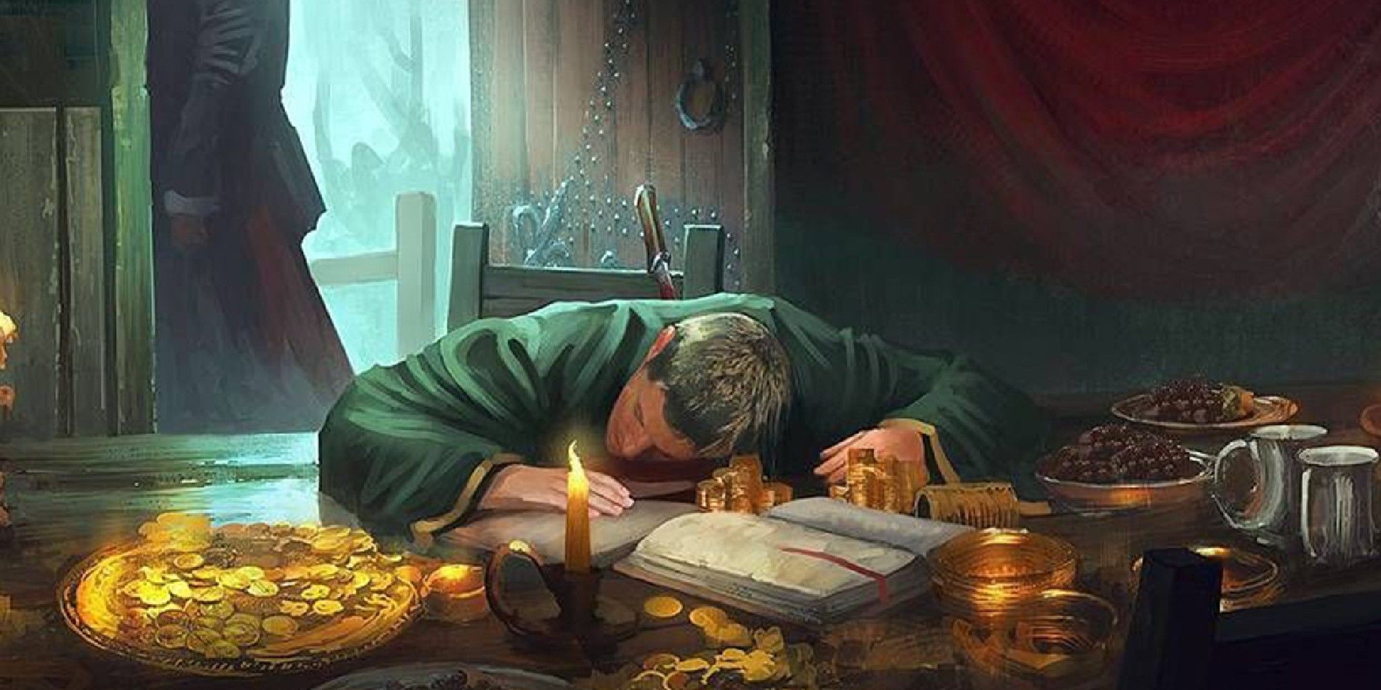 Dungeons & Dragons art showing a murder victim lying on book